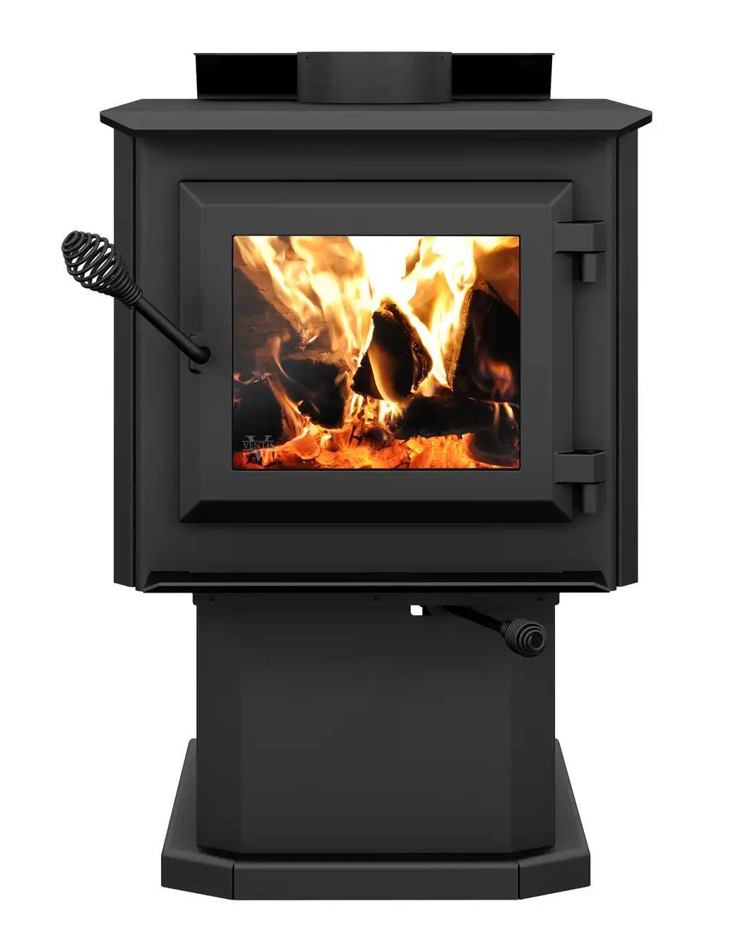 Ventis HES140 20" Small Size Black Direct Vent Wood Burning Stove With Pedestal, EPA2020 Certified