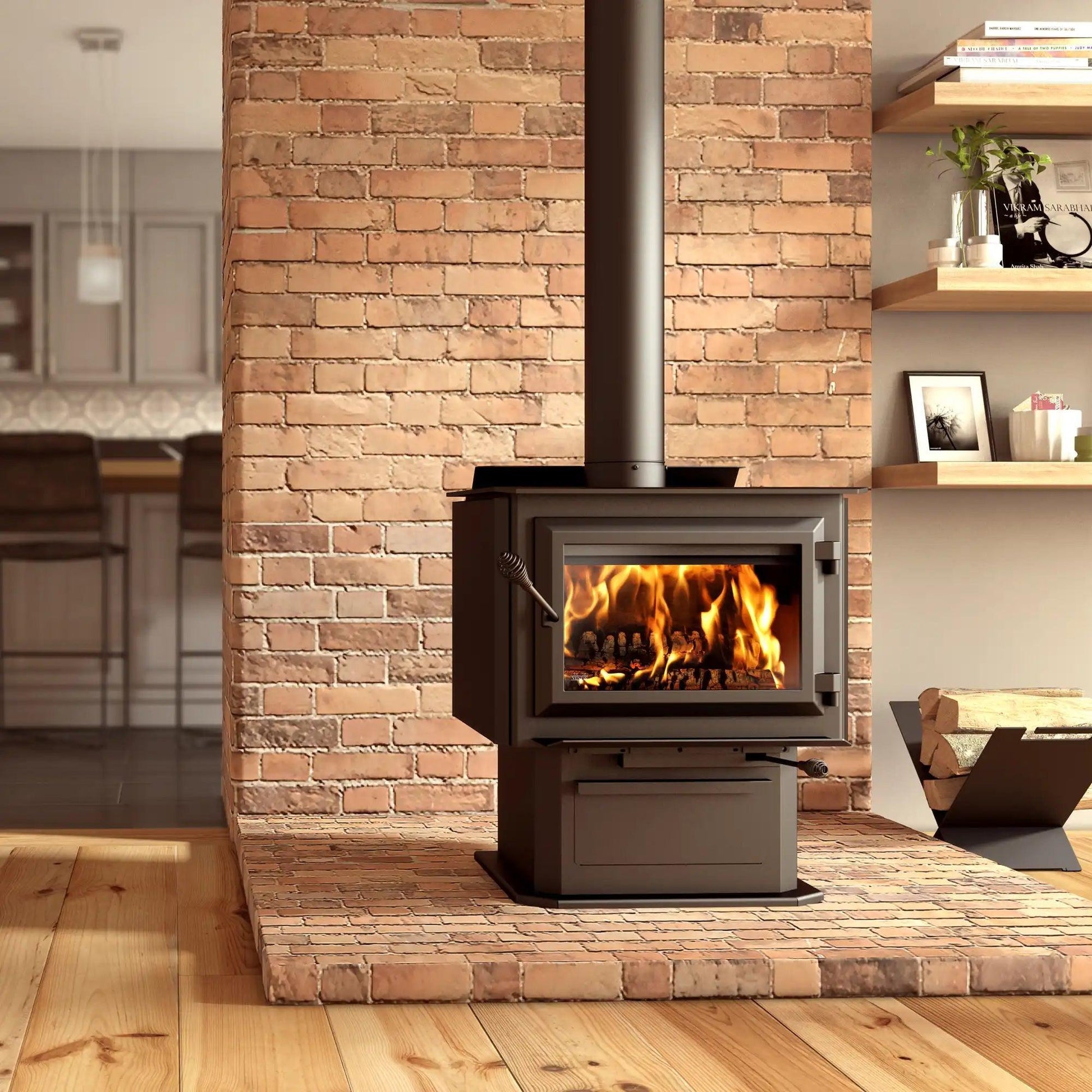 Ventis HES240 27" Large Size Black Direct Vent Wood Burning Stove With Pedestal, EPA2020 Certified