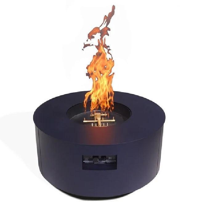 Warming Trends AON 36" Blue Powder-Coated Steel Circular Liquid Propane Fire Table With Mercury Ignition and U100 CrossFire Brass Burner