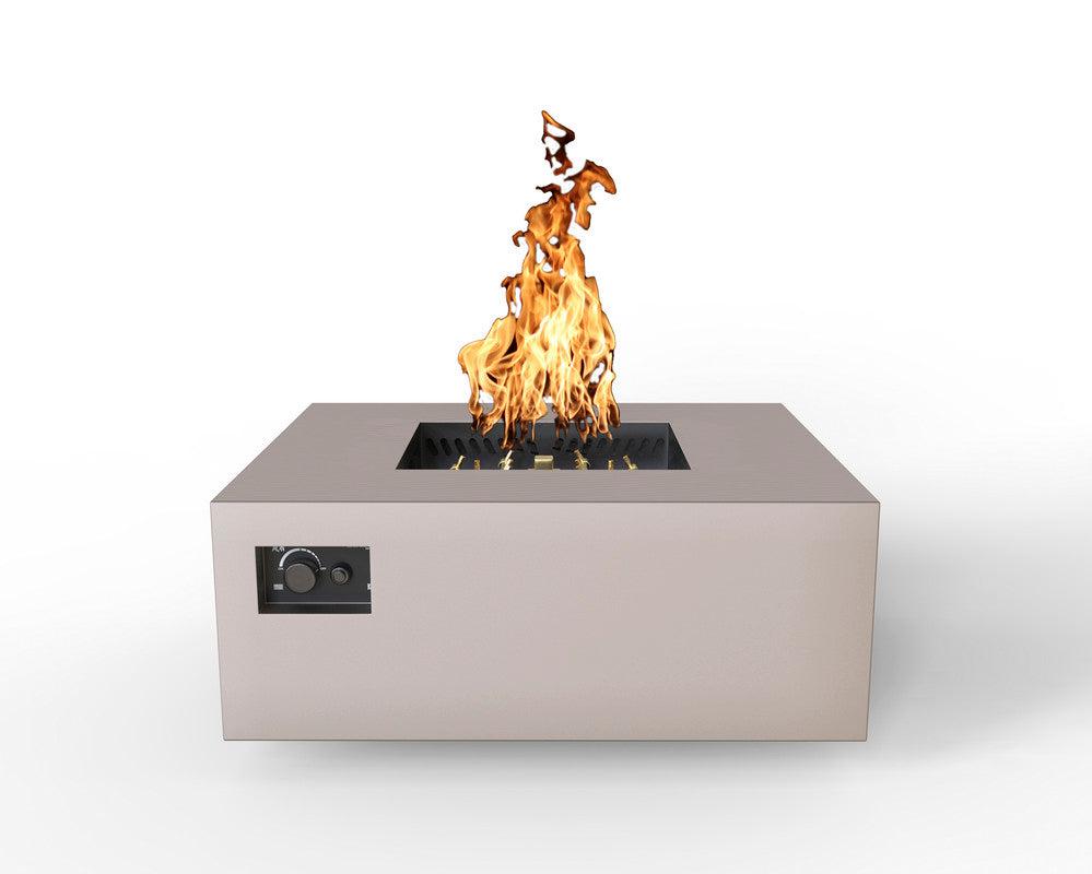 Warming Trends AON 40" Sand Pebble Powder-Coated Steel Square Liquid Propane Fire Table With Mercury Ignition and U140 CrossFire Brass Burner