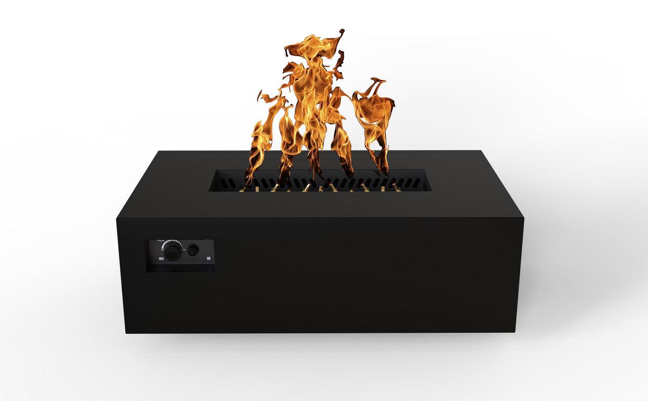 Warming Trends AON 48" Black Powder-Coated Steel Rectangular Liquid Propane Fire Table With Push Button Ignition and UT170 CrossFire Brass Burner