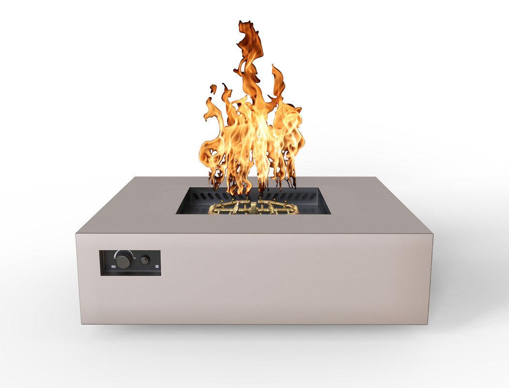 Warming Trends AON 56" Sand Pebble Powder-Coated Steel Square Liquid Propane Fire Table With Mercury Ignition and U240 CrossFire Brass Burner