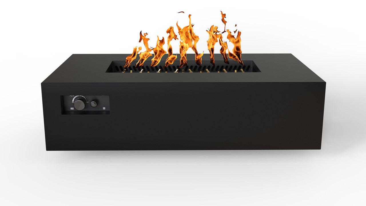 Warming Trends AON 60" Black Powder-Coated Steel Rectangular Liquid Propane Fire Table With Push Button Ignition and UT230 CrossFire Brass Burner