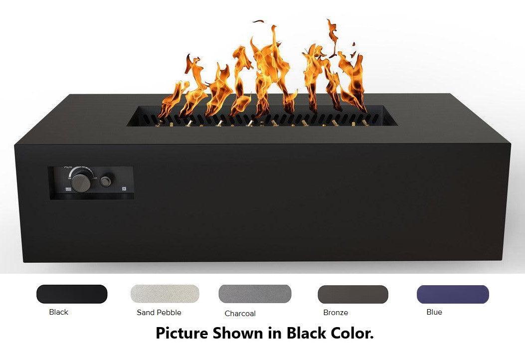 Warming Trends AON 60" Blue Powder-Coated Steel Rectangular Liquid Propane Fire Table With Platinum Ignition and UT230 CrossFire Brass Burner