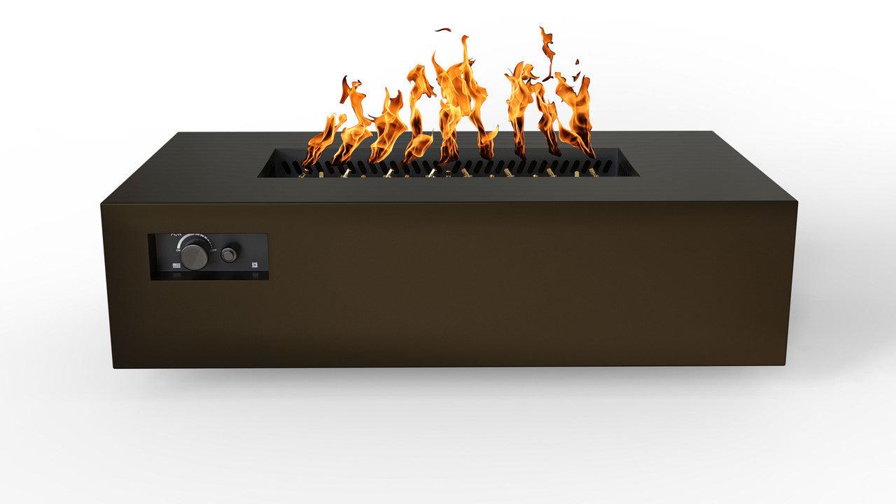 Warming Trends AON 60" Bronze Powder-Coated Steel Rectangular Liquid Propane Fire Table With Push Button Ignition and UT230 CrossFire Brass Burner