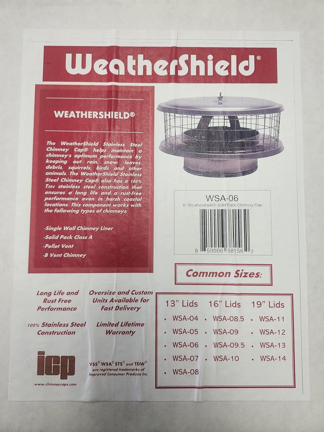 WeatherShield WSA-6 6" Stainless Steel Chimney Cap