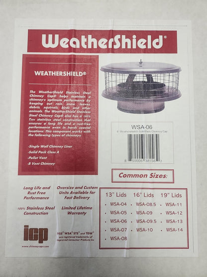 WeatherShield WSA-6 6" Stainless Steel Chimney Cap