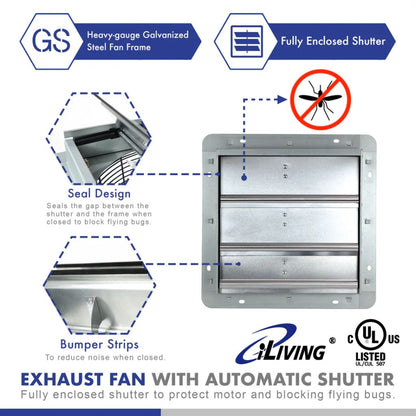 iLIVING 12" Shutter Exhaust Fan with Thermospeed(TM) controller
