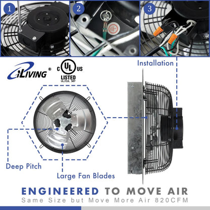 iLIVING 12" Shutter Exhaust Fan with Thermospeed(TM) controller