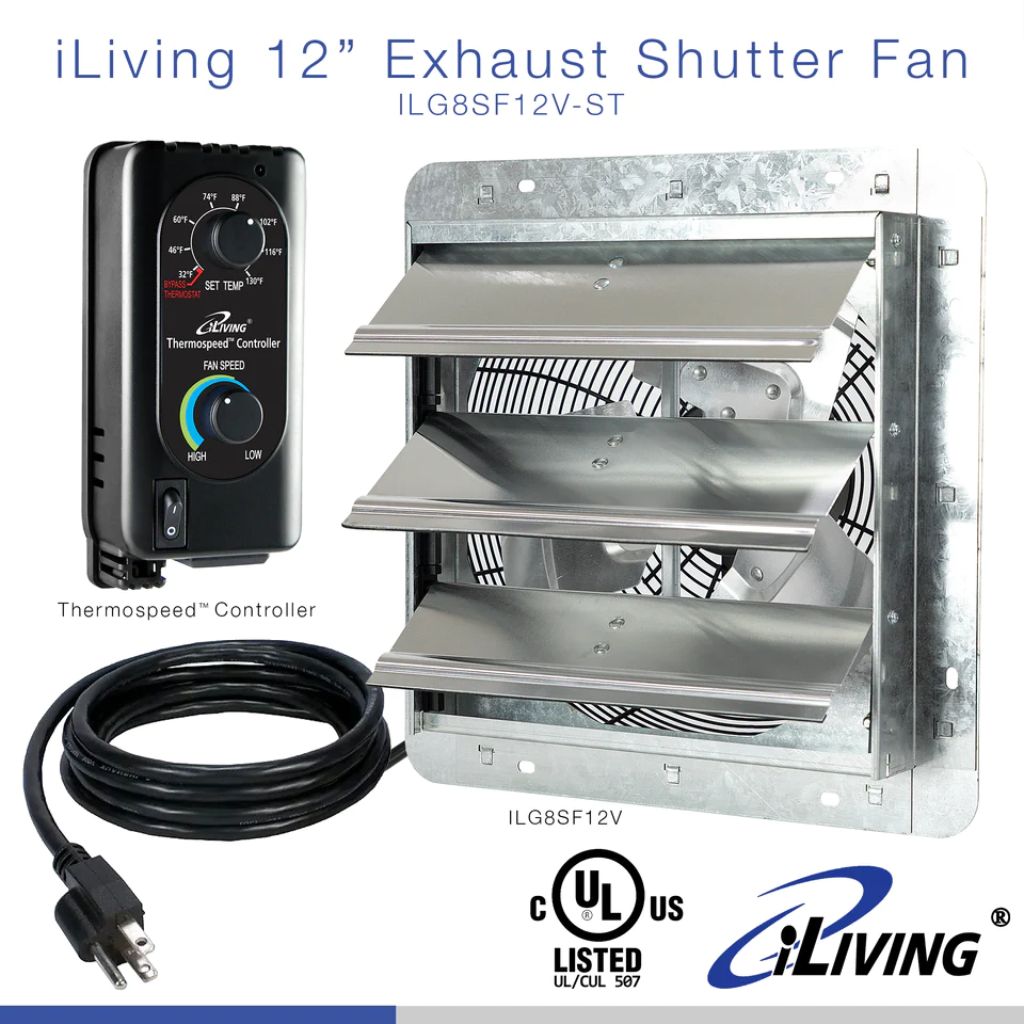iLIVING 12" Shutter Exhaust Fan with Thermospeed(TM) controller