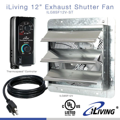 iLIVING 12" Shutter Exhaust Fan with Thermospeed(TM) controller