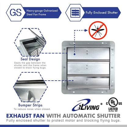 iLIVING 12" Wall-Mounted Variable Speed Shutter Exhaust Fan
