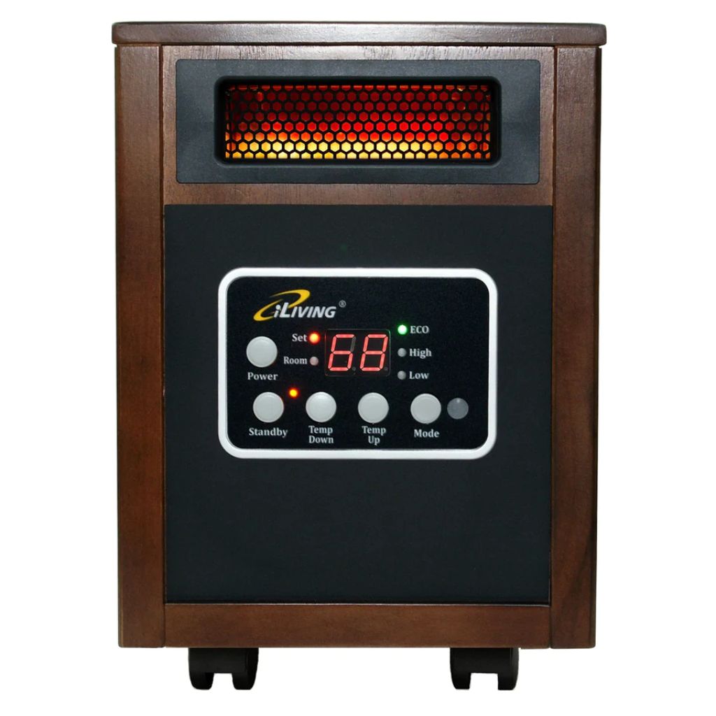iLIVING 15" Portable Dual Heating System Infrared Space Heater with Dark Walnut Wooden Cabinet