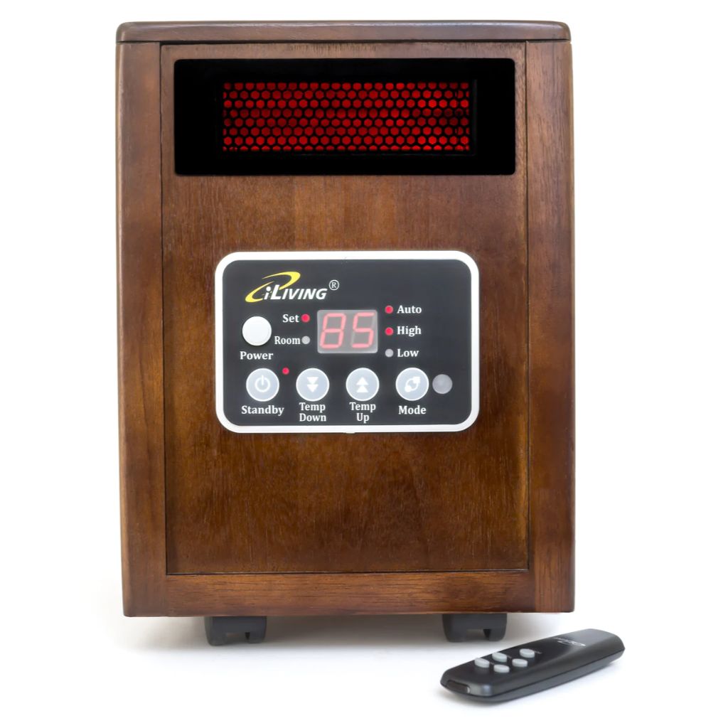 iLIVING 15" Portable Dual Heating System Infrared Space Heater with Walnut Wooden Cabinet