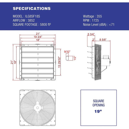 iLIVING 18" Wall-Mounted Single Speed Shutter Exhaust Fan