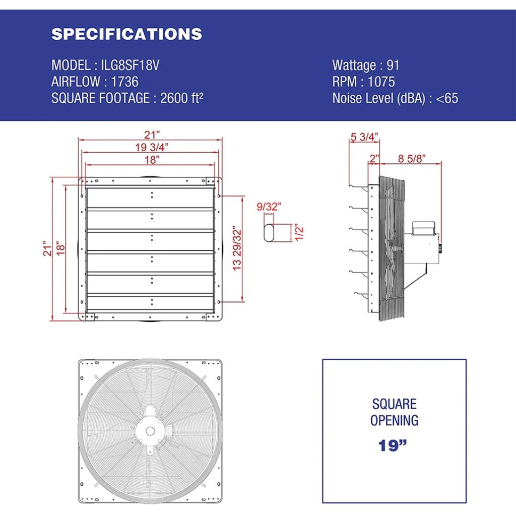 iLIVING 18" Wall-Mounted Variable Speed Shutter Exhaust Fan