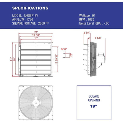 iLIVING 18" Wall-Mounted Variable Speed Shutter Exhaust Fan