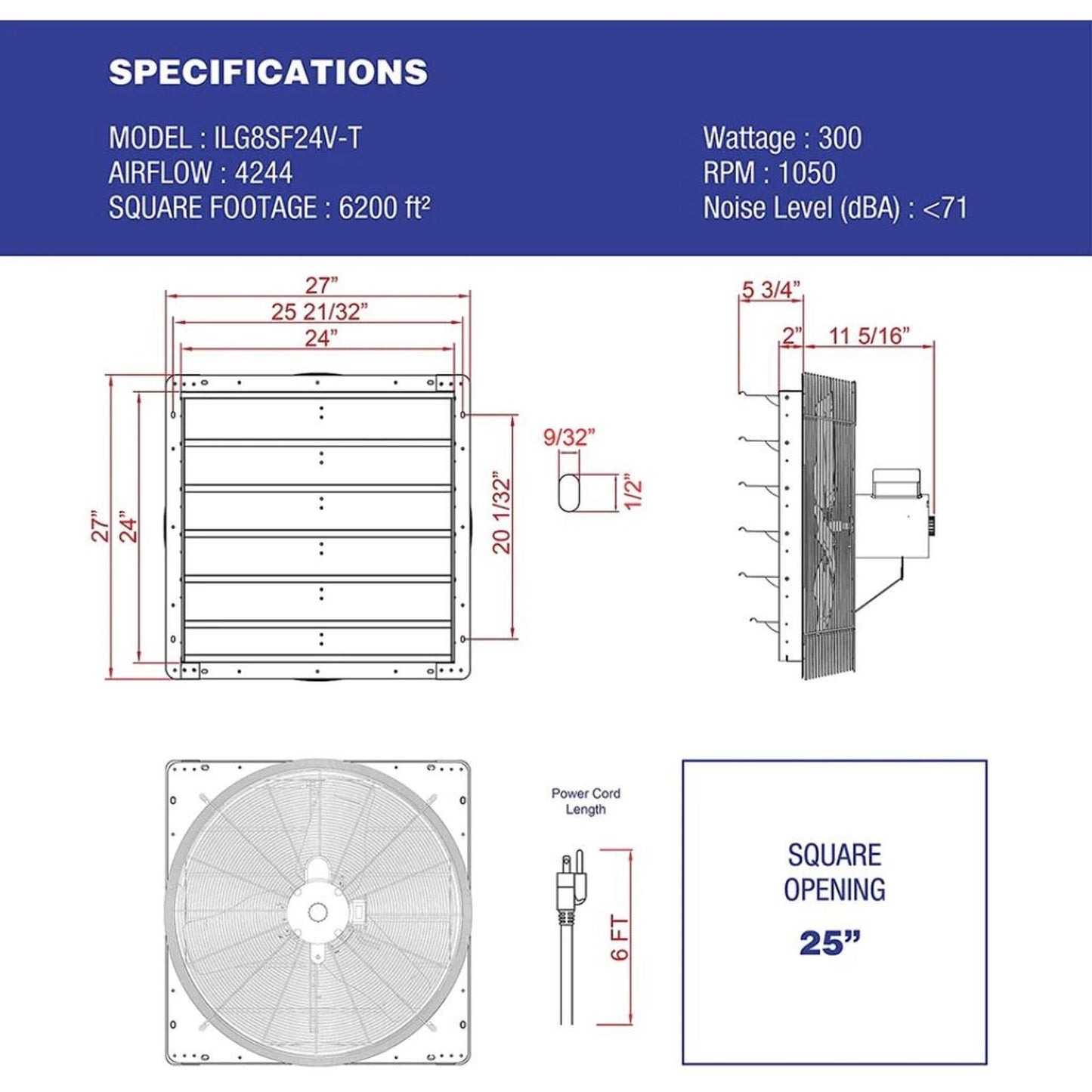 iLIVING 24" Shutter Exhaust Attic Garage Grow Fan