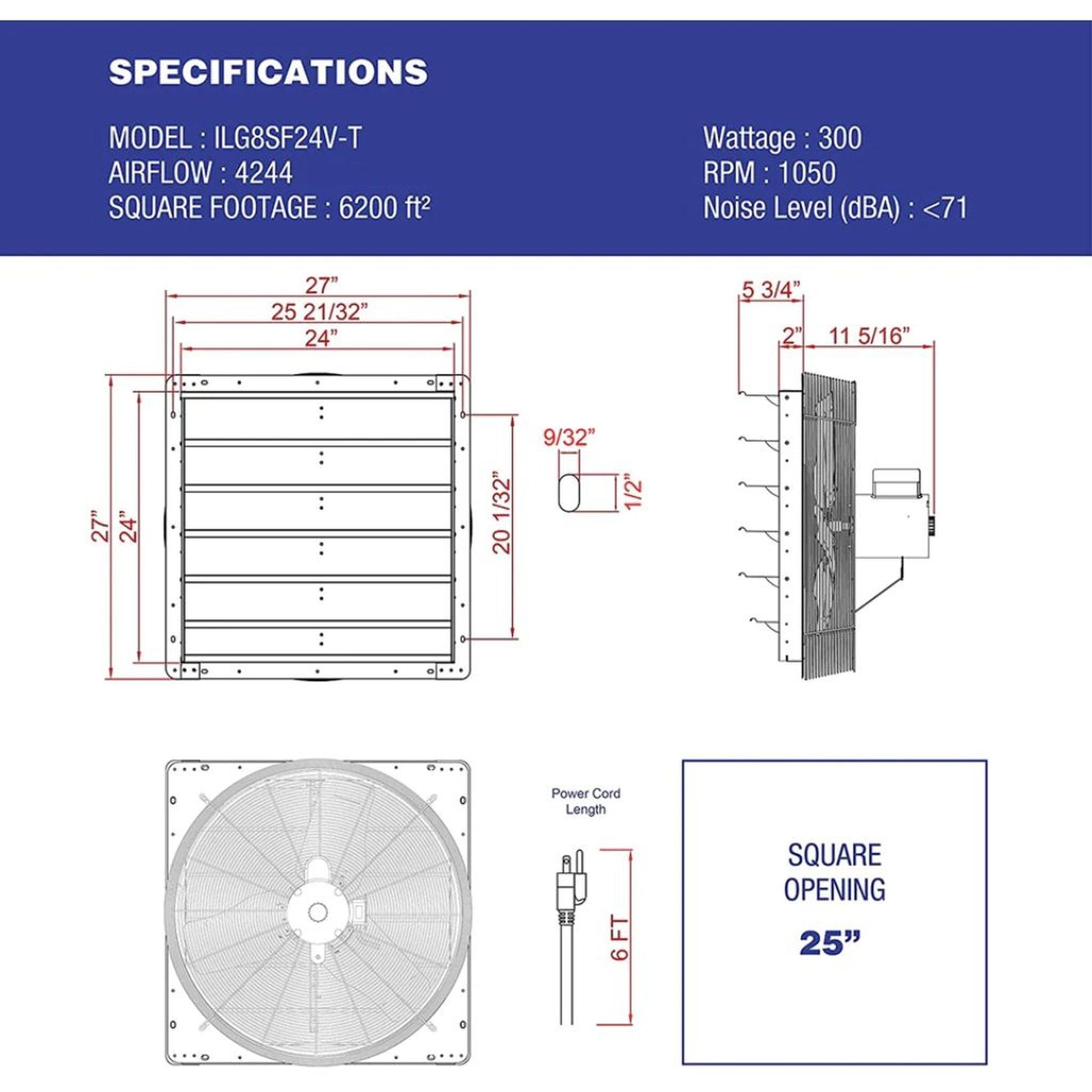 iLIVING 24" Shutter Exhaust Attic Garage Grow Fan