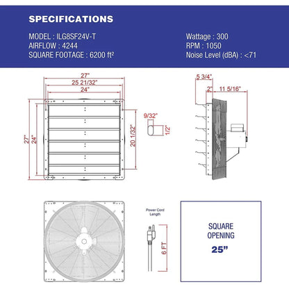 iLIVING 24" Shutter Exhaust Attic Garage Grow Fan