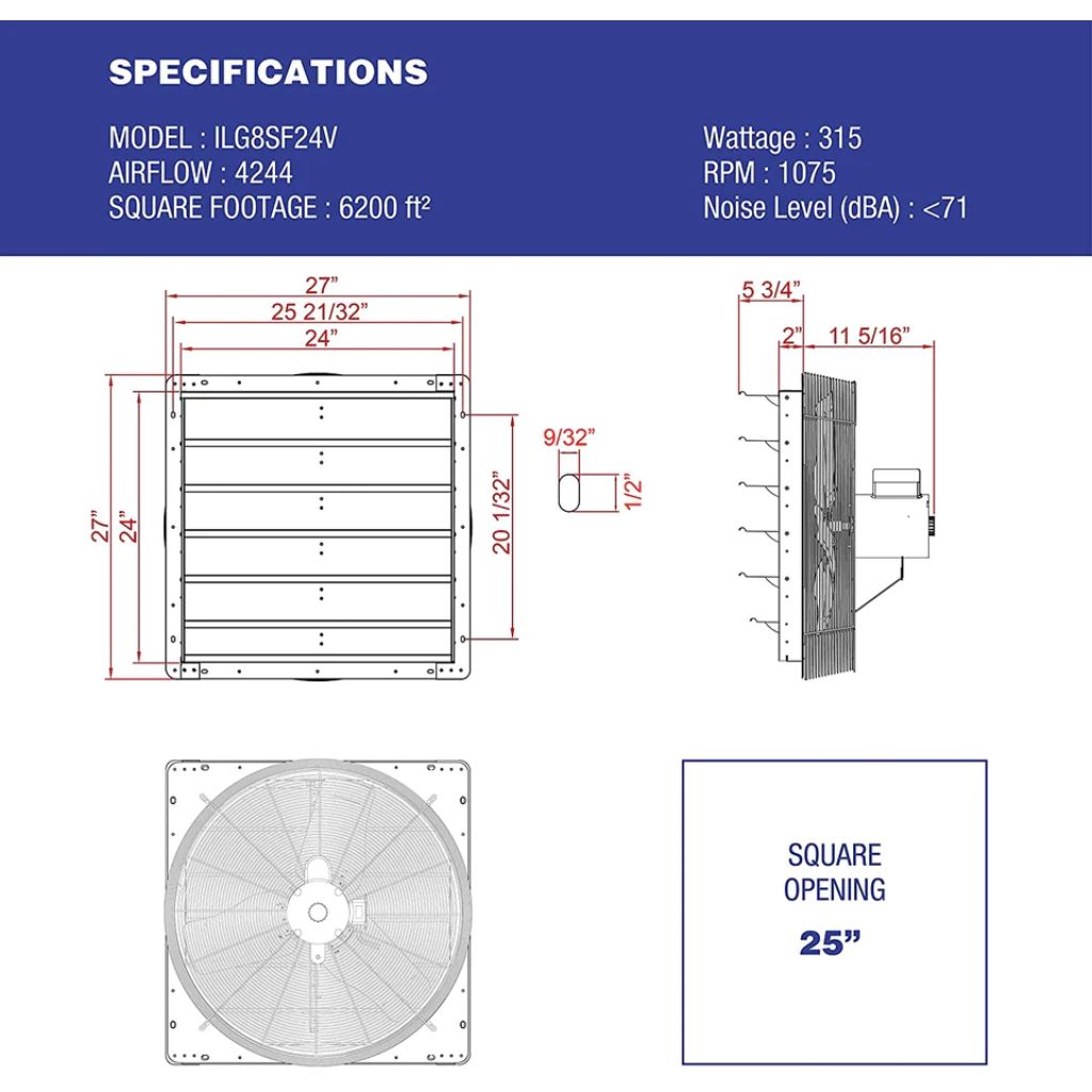 iLIVING 24" Wall-Mounted Variable Speed Shutter Exhaust Fan