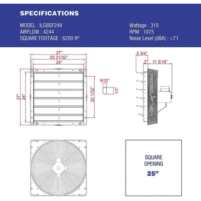 iLIVING 24" Wall-Mounted Variable Speed Shutter Exhaust Fan