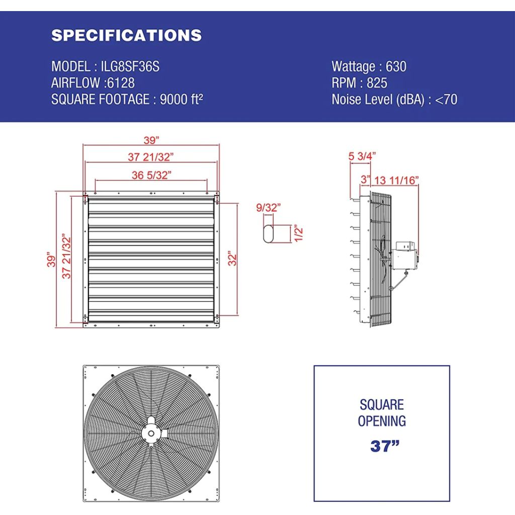 iLIVING 36" Wall-Mounted Single Speed Shutter Exhaust Fan