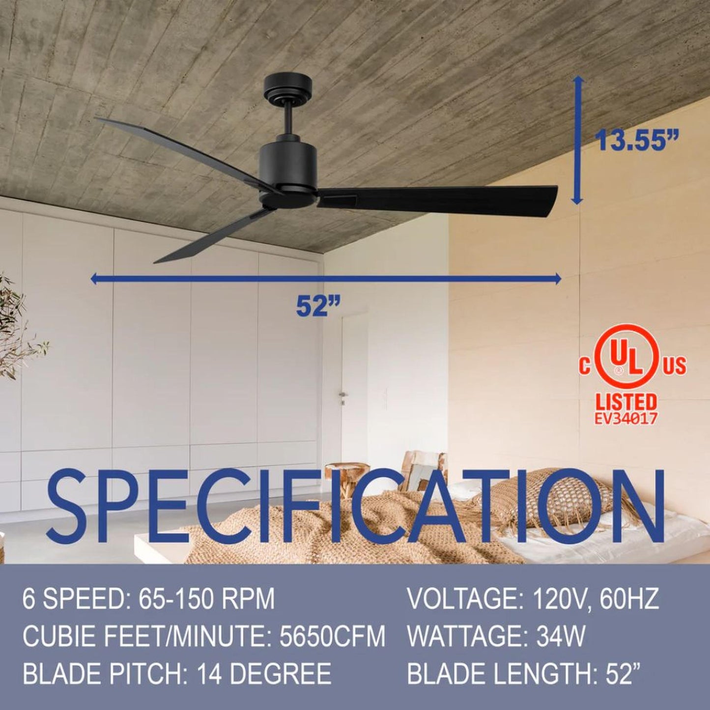 iLIVING Quiet BLDC 52" Black Indoor Ceiling Fan with Remote Control