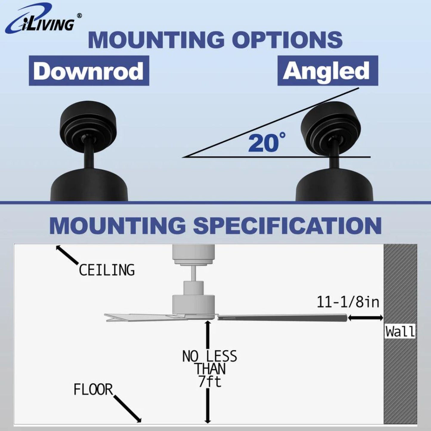 iLIVING Quiet BLDC 52" Black Indoor Ceiling Fan with Remote Control