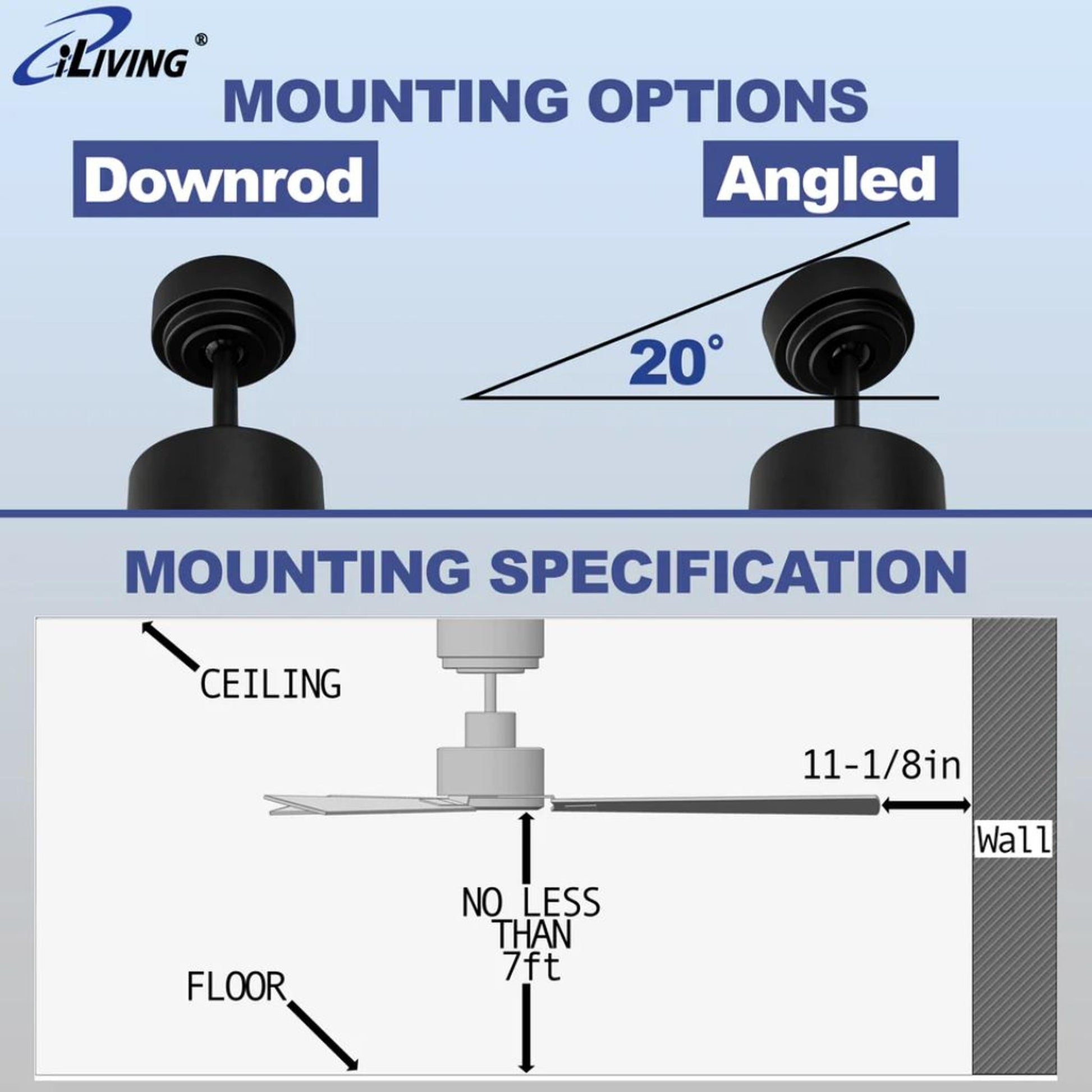 iLIVING Quiet BLDC 52" Black Indoor Ceiling Fan with Remote Control